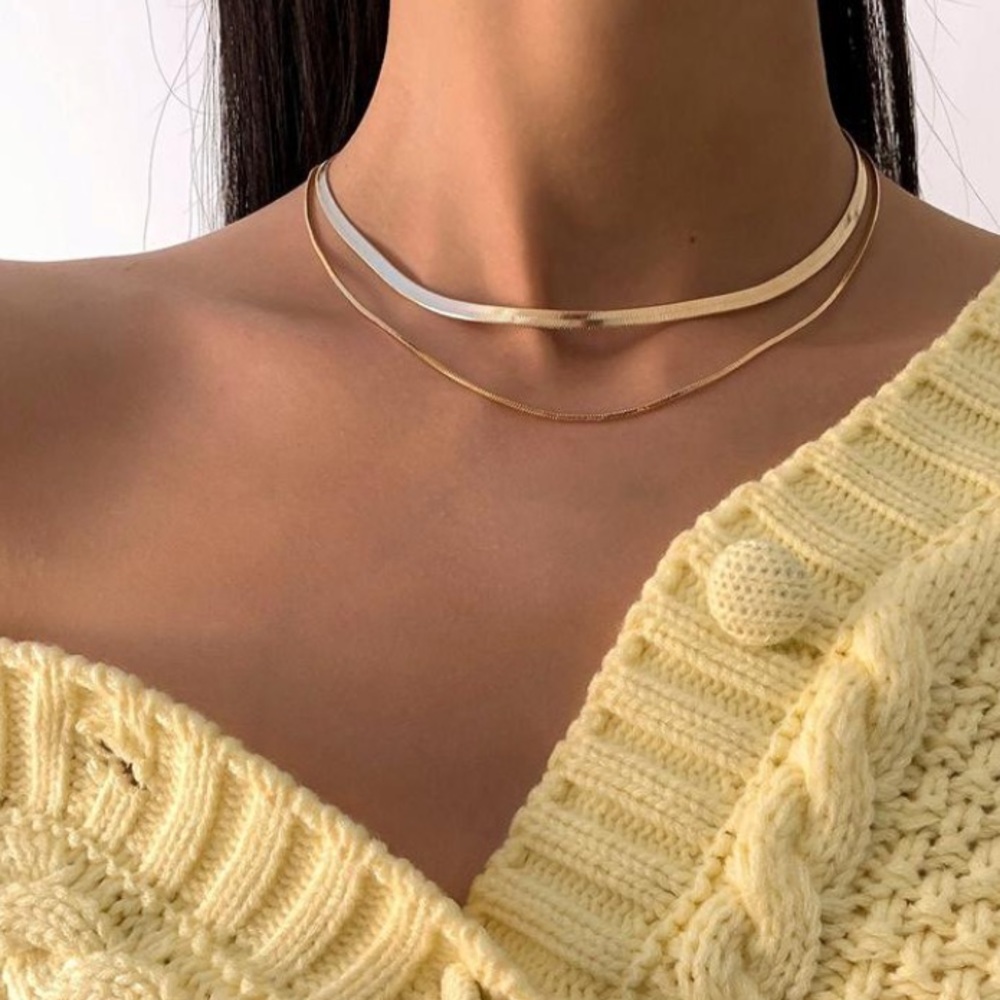 Herringbone & Box Chain Layered Gold Necklace - Picture 1 of 7